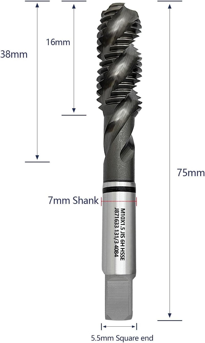 أدوات M10 × 1.5 طلاء AlTiN لفتحات لولبية، طقم خيوط ميترية من الفولاذ عالي السرعة كوبالت (HSSCo)، عمود دائري بنهاية مربعة، تحمل H2، 2 قطعة